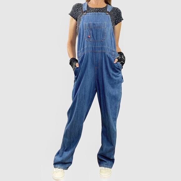 Dickies Denim Jean Cargo Carpenter Utility Overalls Sz Large - Picture 1 of 8